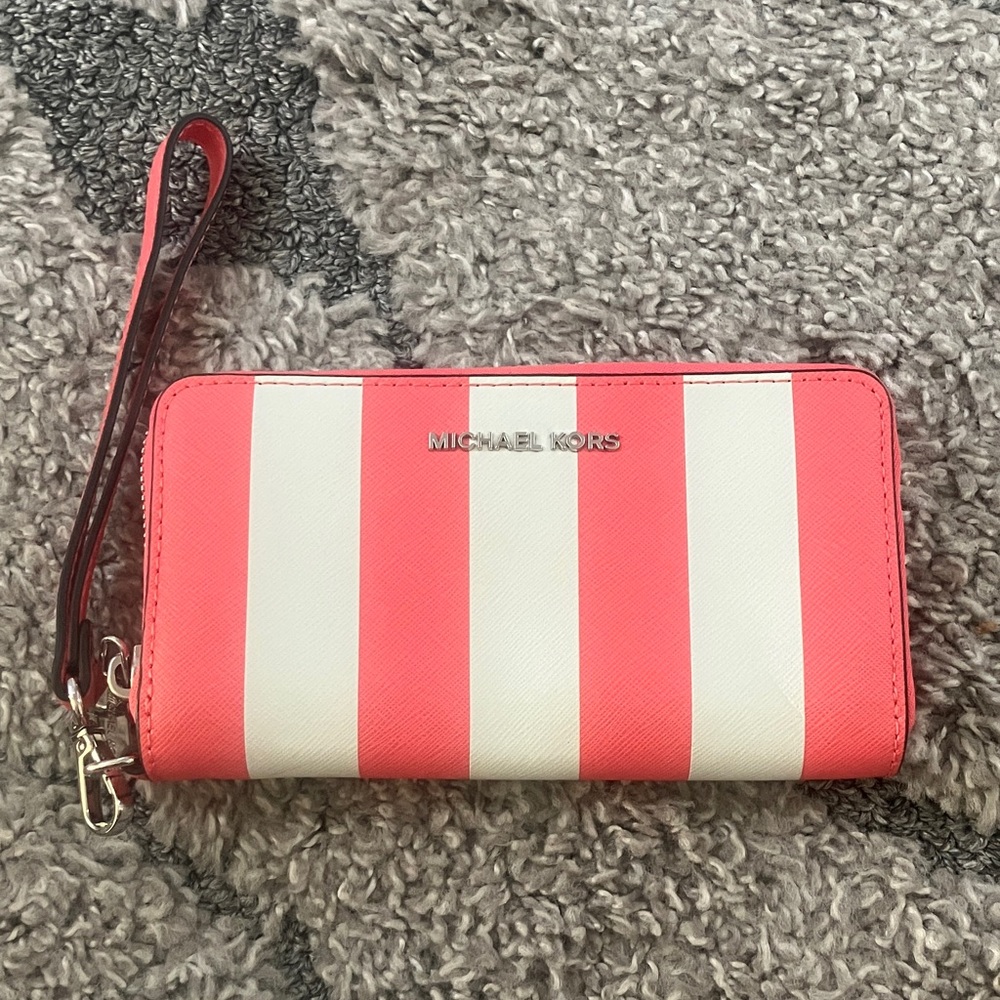 Michael Kors Coral and White Striped Wristlet